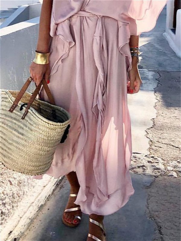 V Neck Solid Short Sleeve Boho Dress